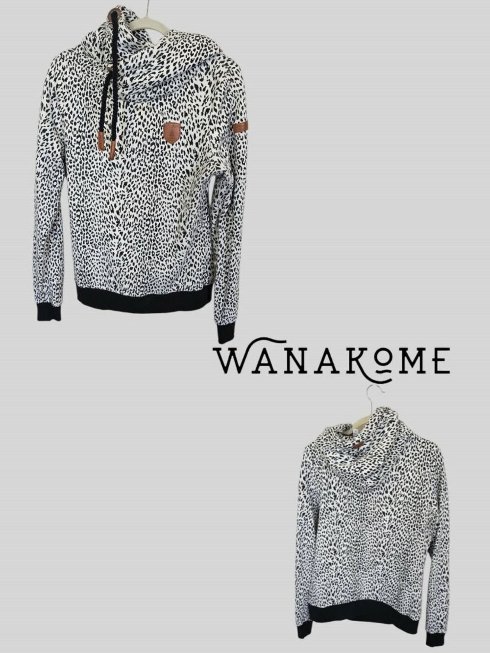 Wanakome Canada Black and White Leopard Print Cowl Neck Sweater Hooded Women M